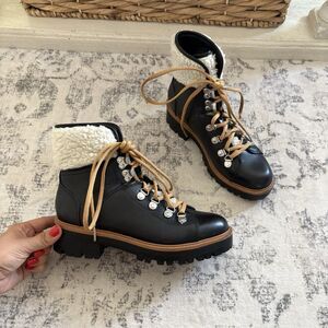 MARC FISHER LTD Izzie Shearling Leather Lug Sole Boots Size 6.5 Black Streetwear